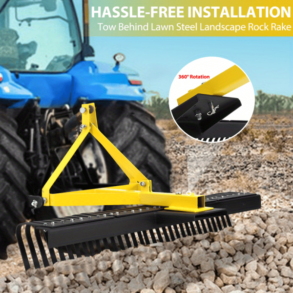Heavy Duty 5ft Landscape Rock Rake 3 Point Attach Rake Tow-Behind Garden Tool